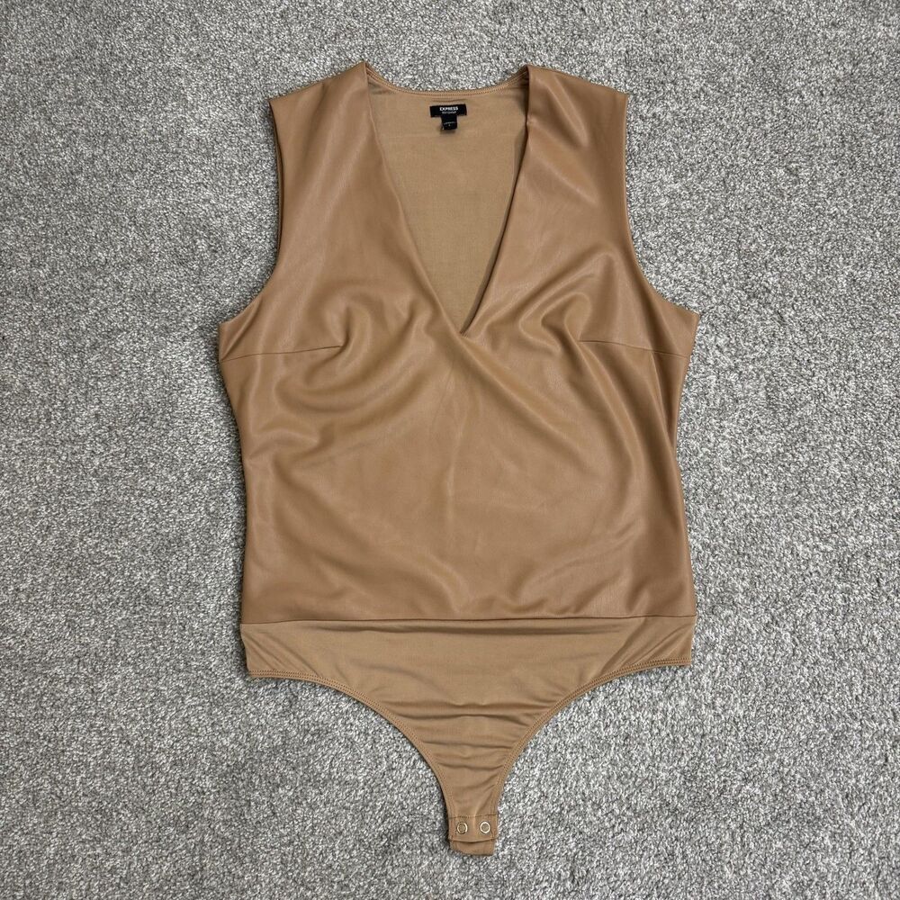 Express Body Contour Bodysuit Womens Large Brown Faux Leather V Neck Thong Snap